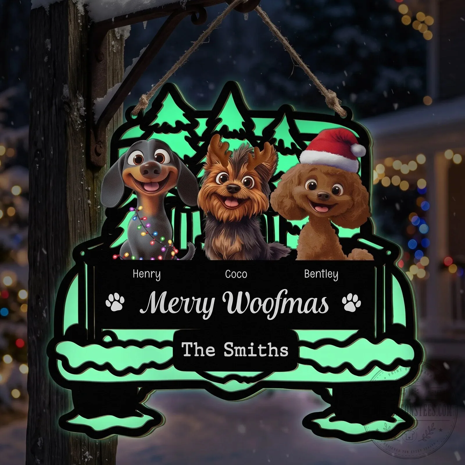 Personalized Pet Dog Christmas Truck Door Hanger Sign, Merry Woofmas Custom Family Name Decor