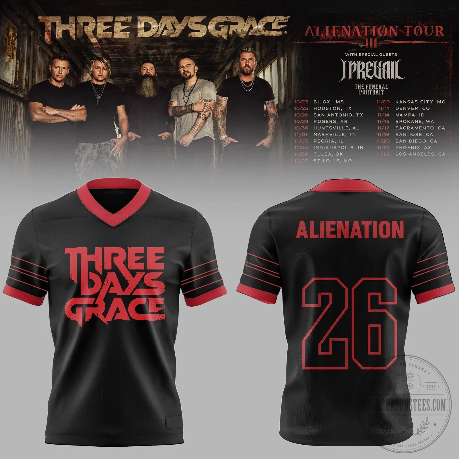 Three Days Grace Alienation Tour 2026 Black Football Jersey