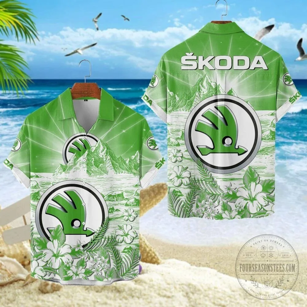 Skoda Car Logo Green Mountain Tropical Floral Summer Hawaiian Shirt