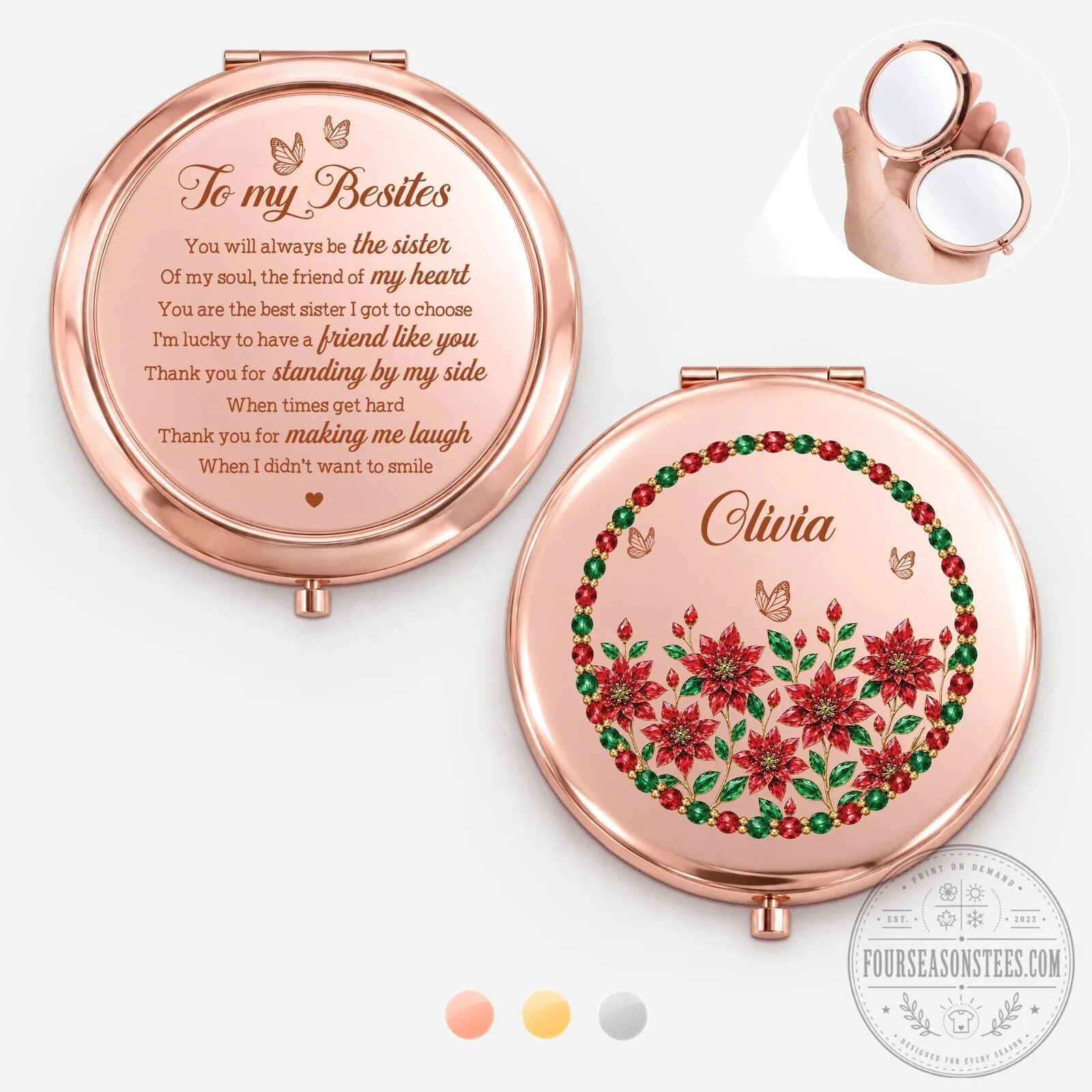 Personalized Rose Gold Compact Mirror with Poinsettia Design for Besties