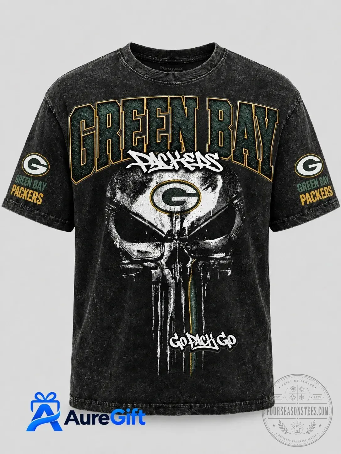 Green Bay Packers Punisher Skull Design Washed Black Graphic T-Shirt