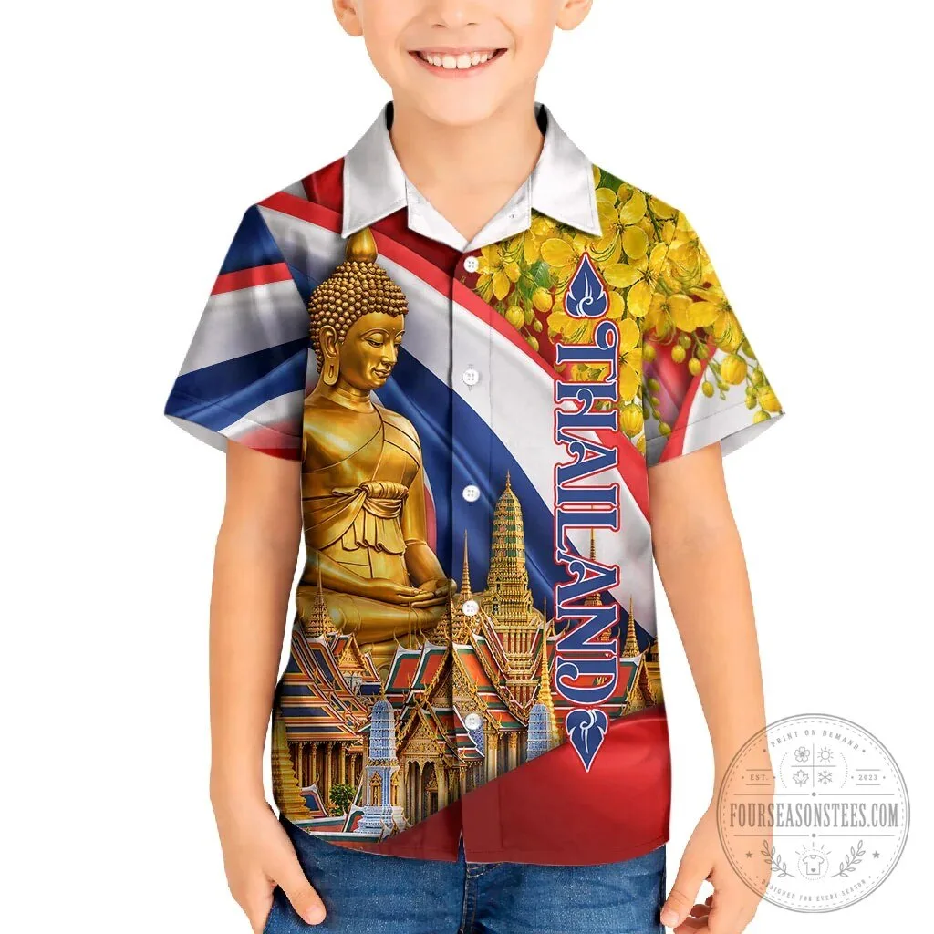 Golden Buddha Elephant Temple Thailand Flag Kids Hawaiian Shirt