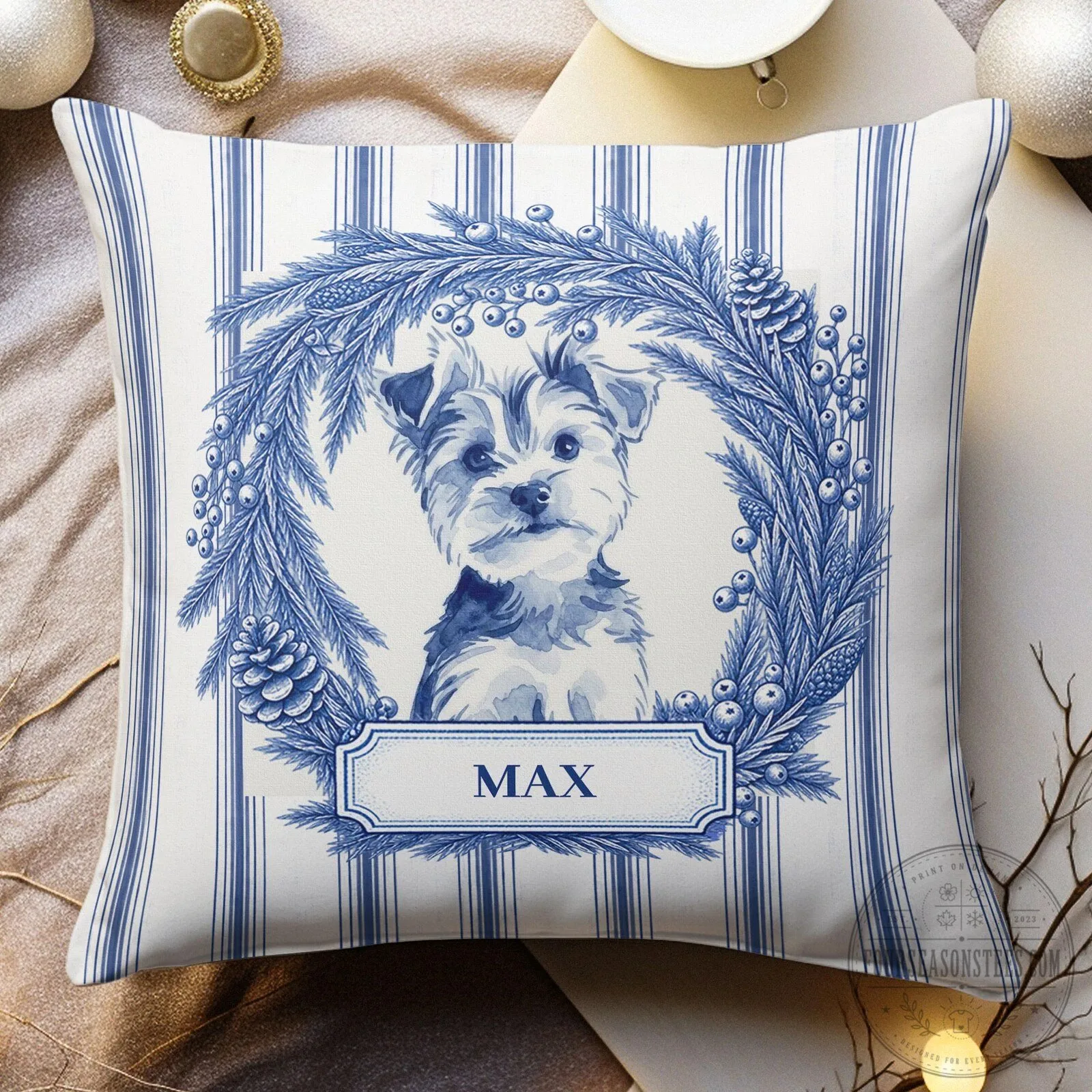 Custom Pet Portrait Watercolor Art Personalized Christmas Pillow with Name