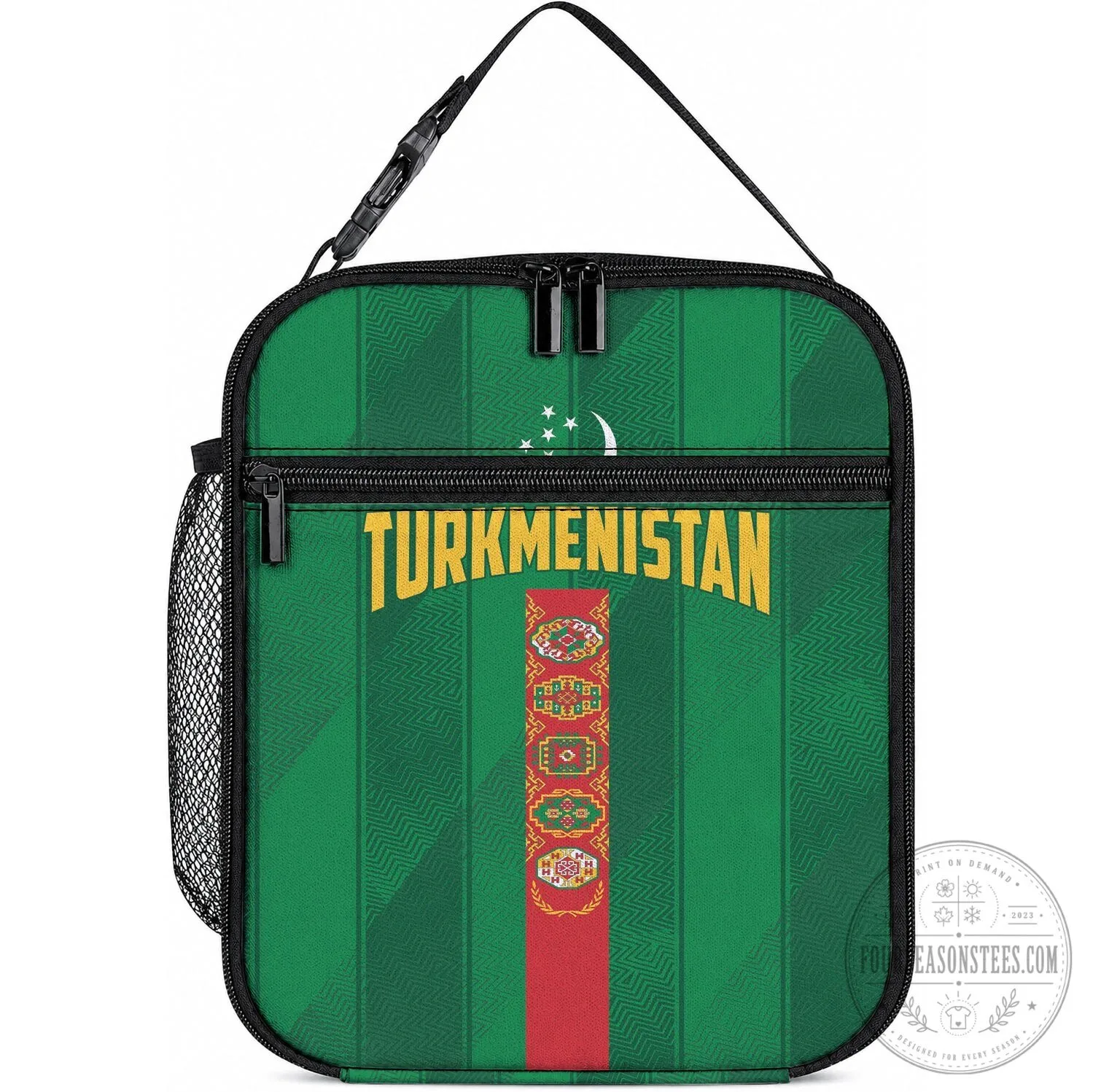 Turkmenistan Flag Green Insulated Lunch Bag with Zipper Closure