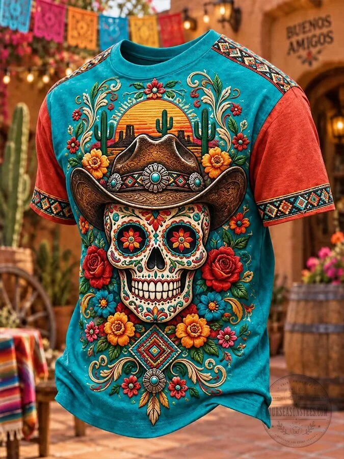 Day of the Dead Sugar Skull Cowboy Hat Floral Desert Scene T-Shirt