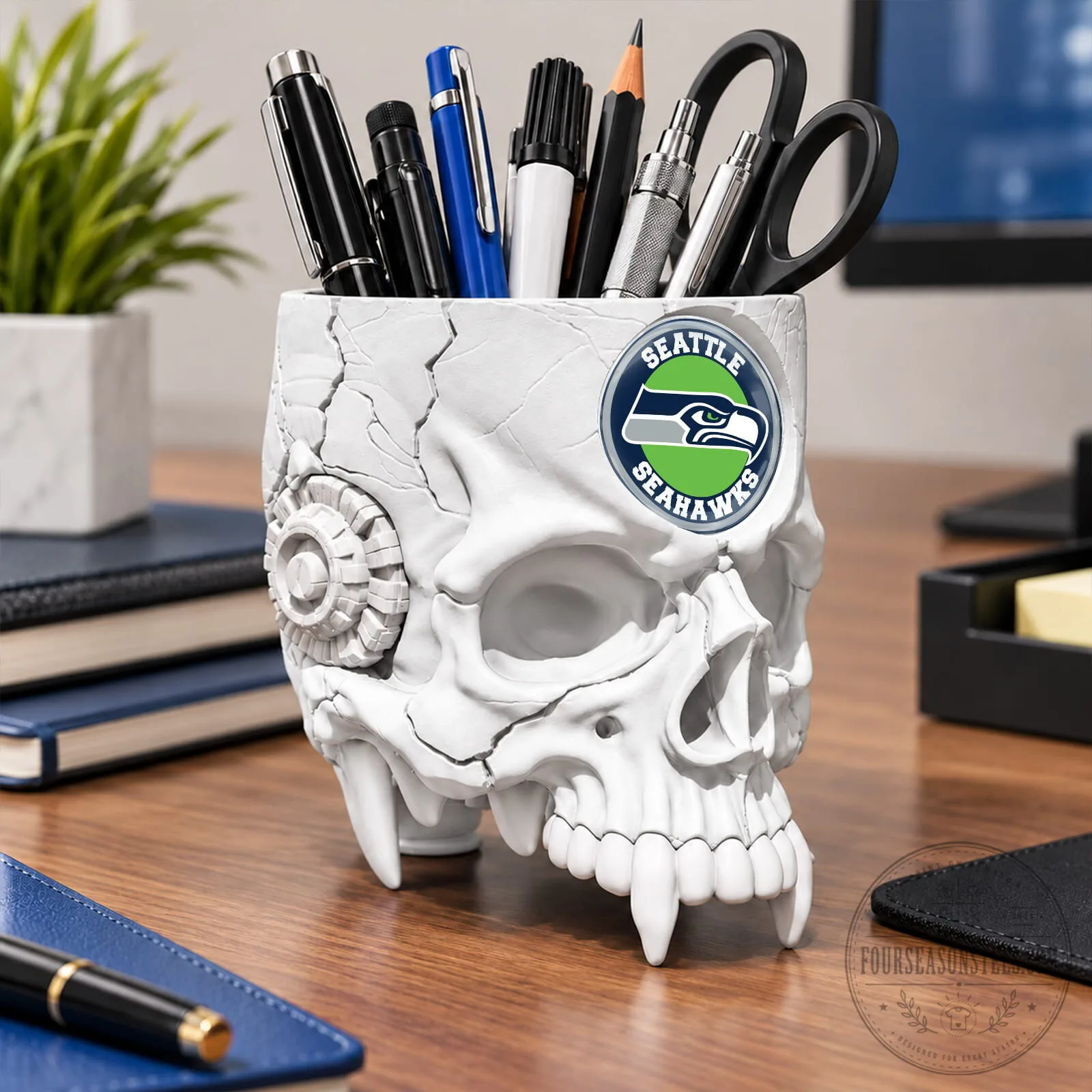 Seattle Seahawks Football Team Skull Pen Holder Desk Organizer