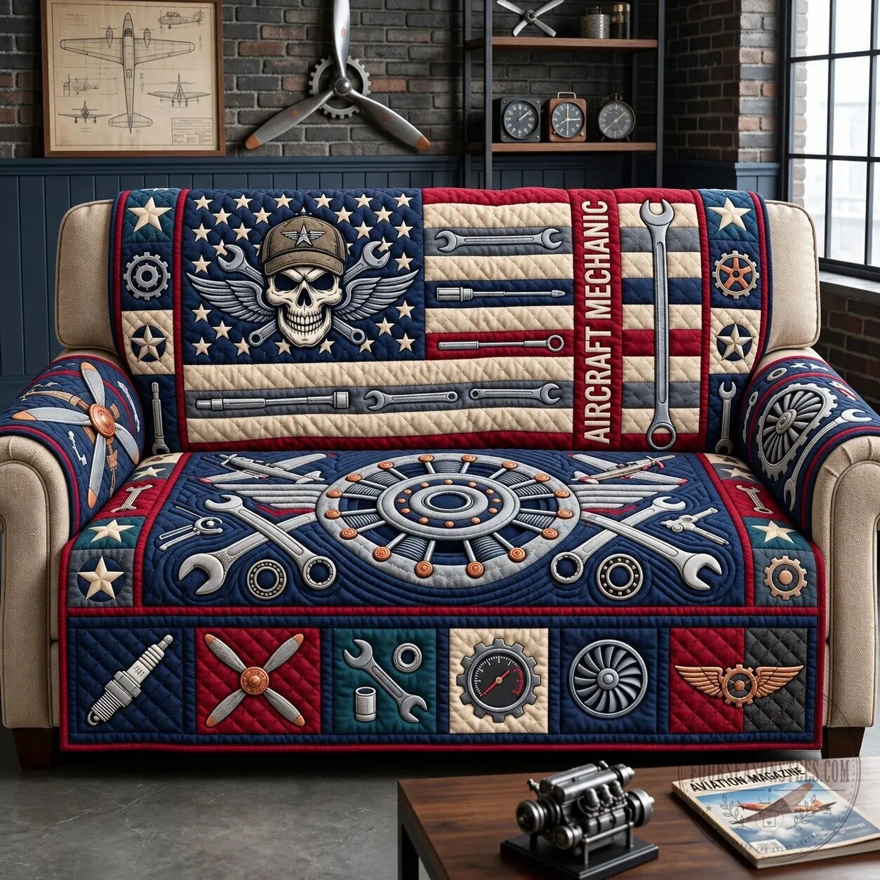 Aircraft Mechanic American Flag Quilted Sofa Cover