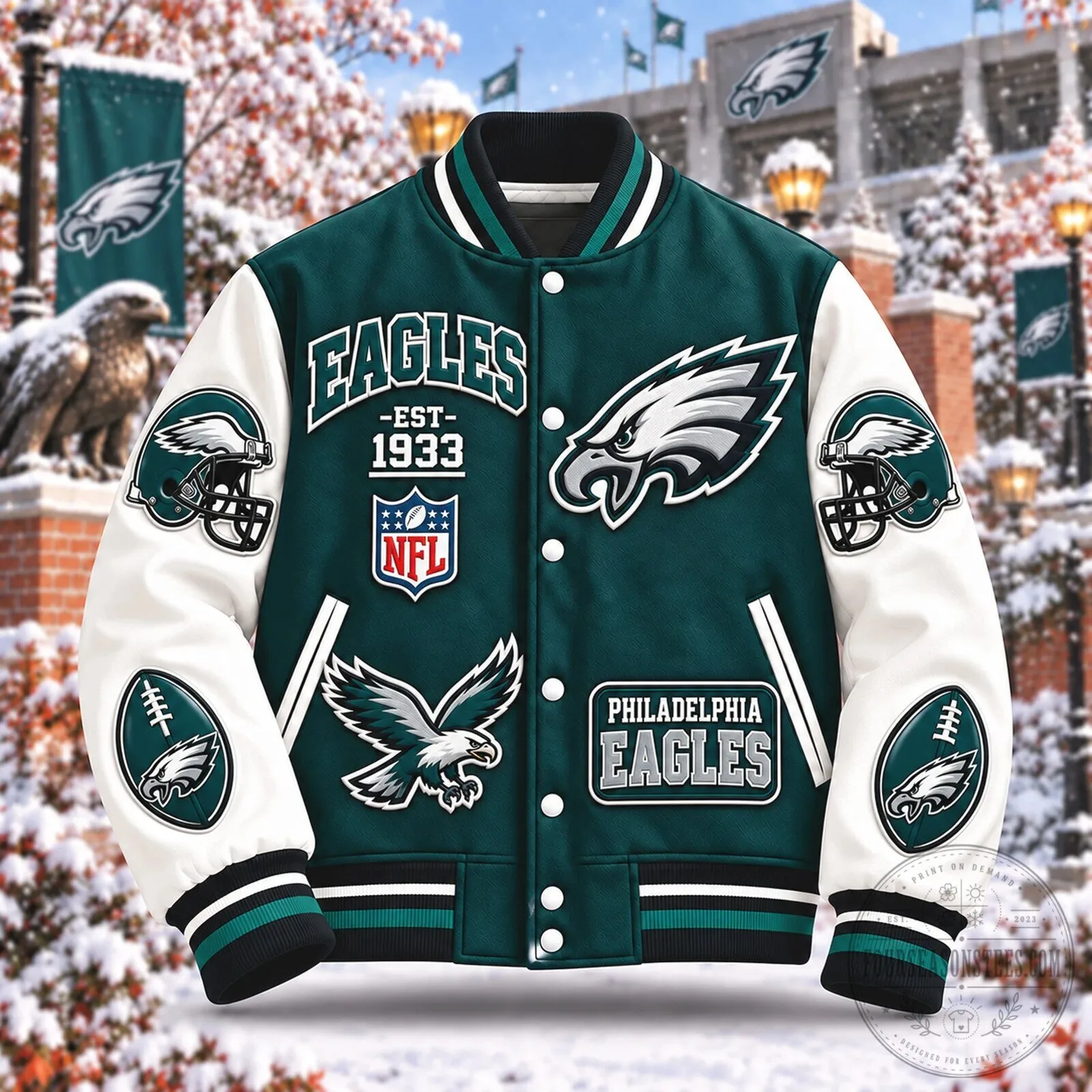 Philadelphia Eagles Football Team Green and White Varsity Jacket