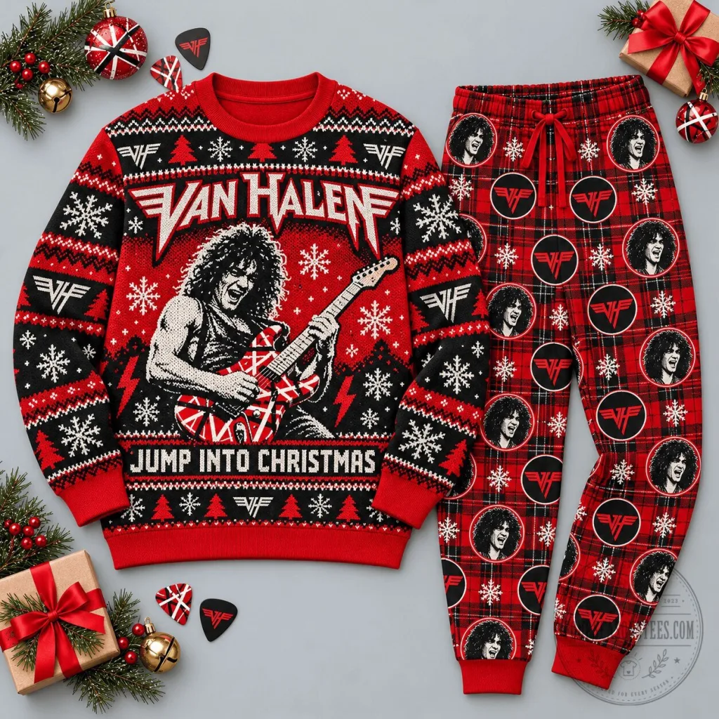 Van Halen Jump Into Christmas Ugly Sweater and Plaid Pajamas Set