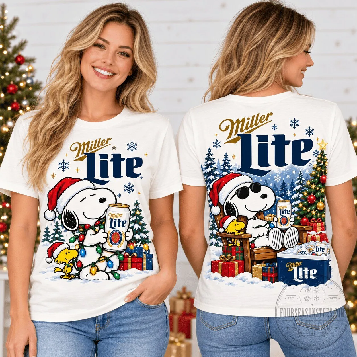 Miller Lite Snoopy Christmas Holiday Beer White Short Sleeve T-Shirt