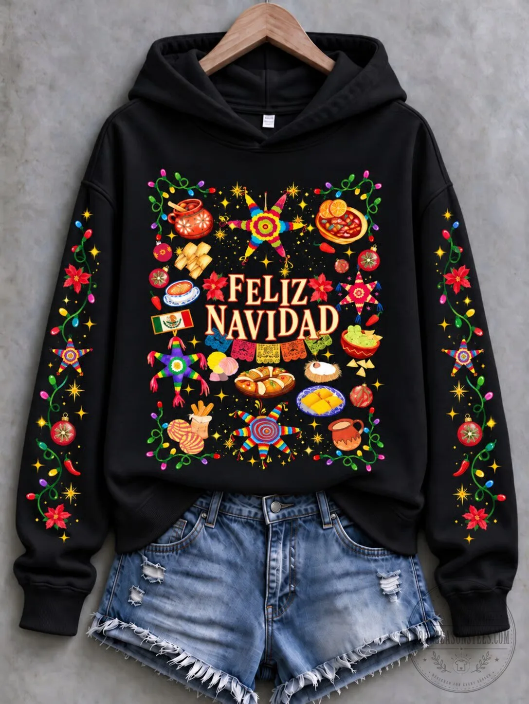 Feliz Navidad Mexican Christmas Holiday Celebration Black Hoodie for Women