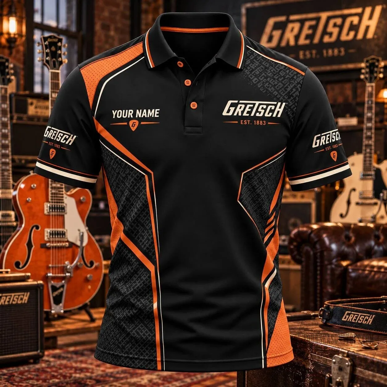 Gretsch Guitars Personalized Black and Orange Polo Shirt