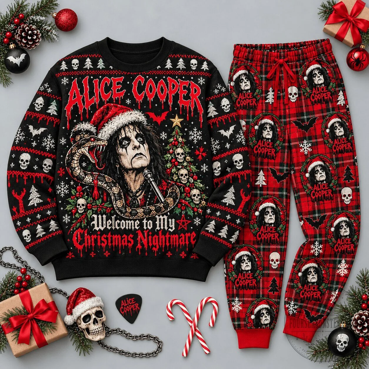 Alice Cooper Welcome to My Christmas Nightmare Ugly Christmas Sweater and Pants Set