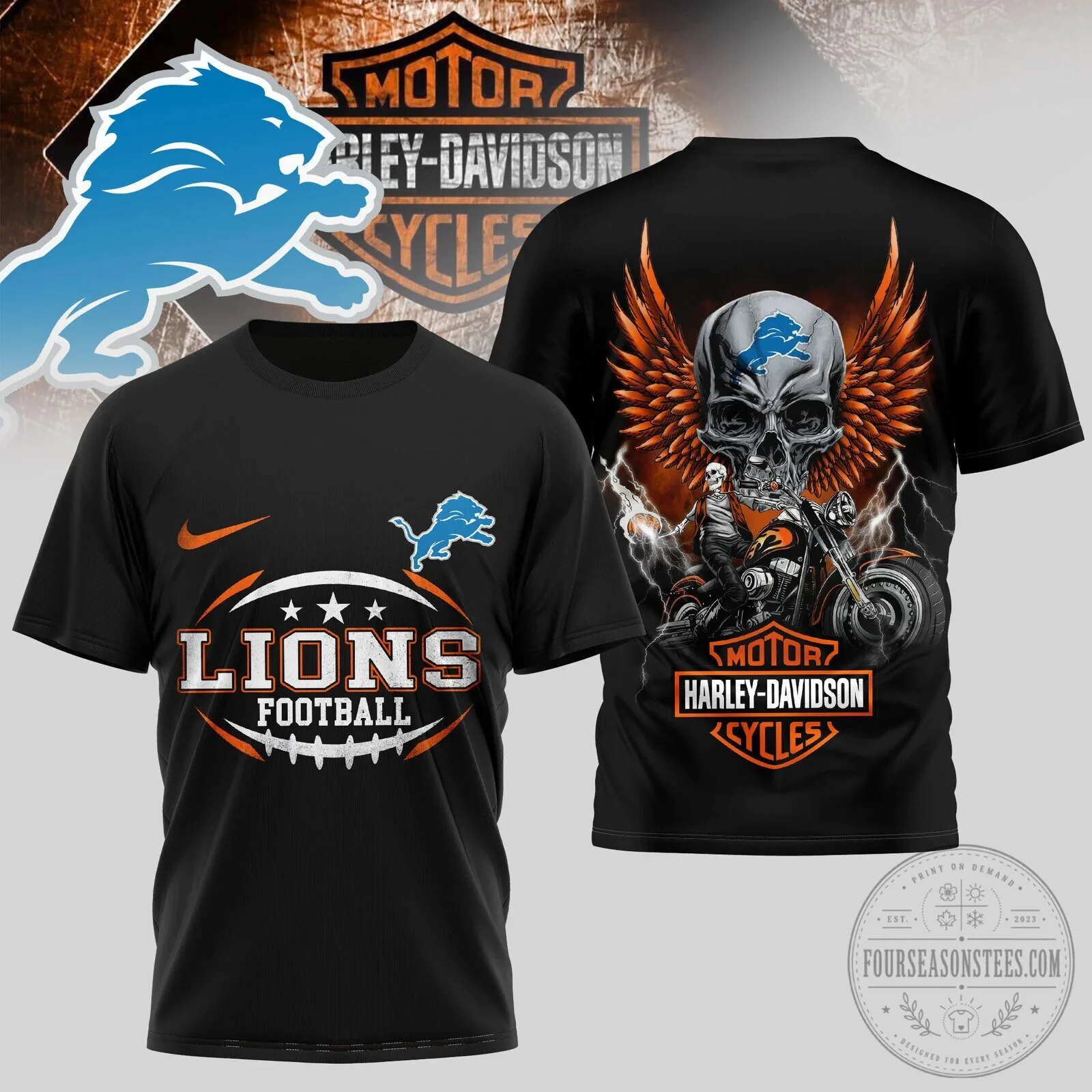 Detroit Lions Harley Davidson Motorcycle Skull Wings NFL Football T-Shirt