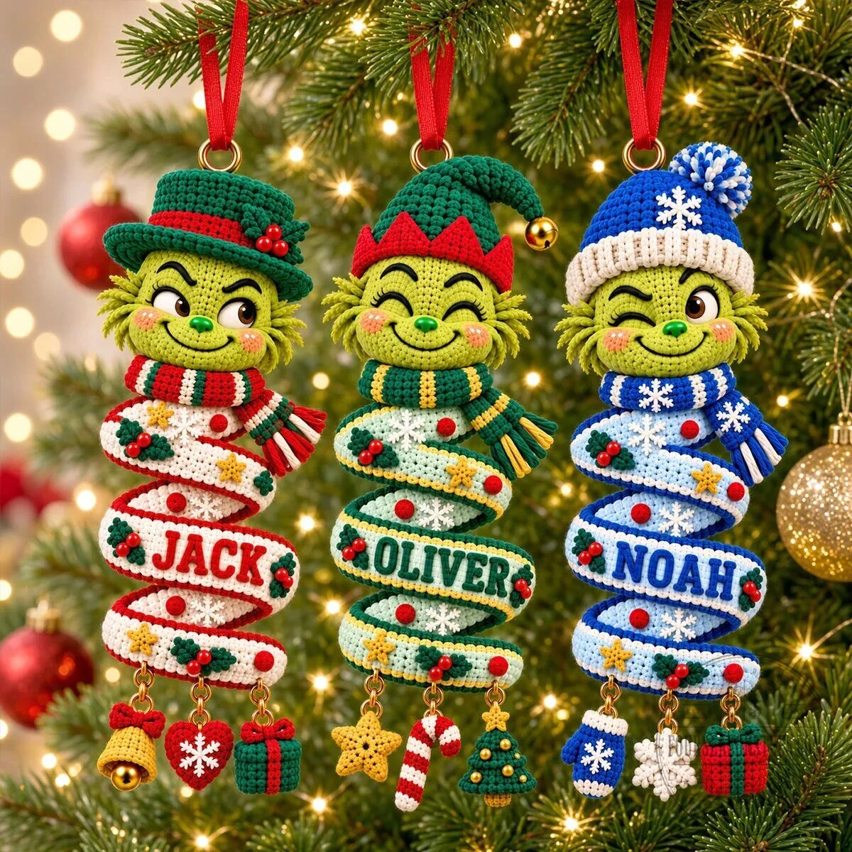 Personalized Grinch Crochet Christmas Tree Ornament with Name