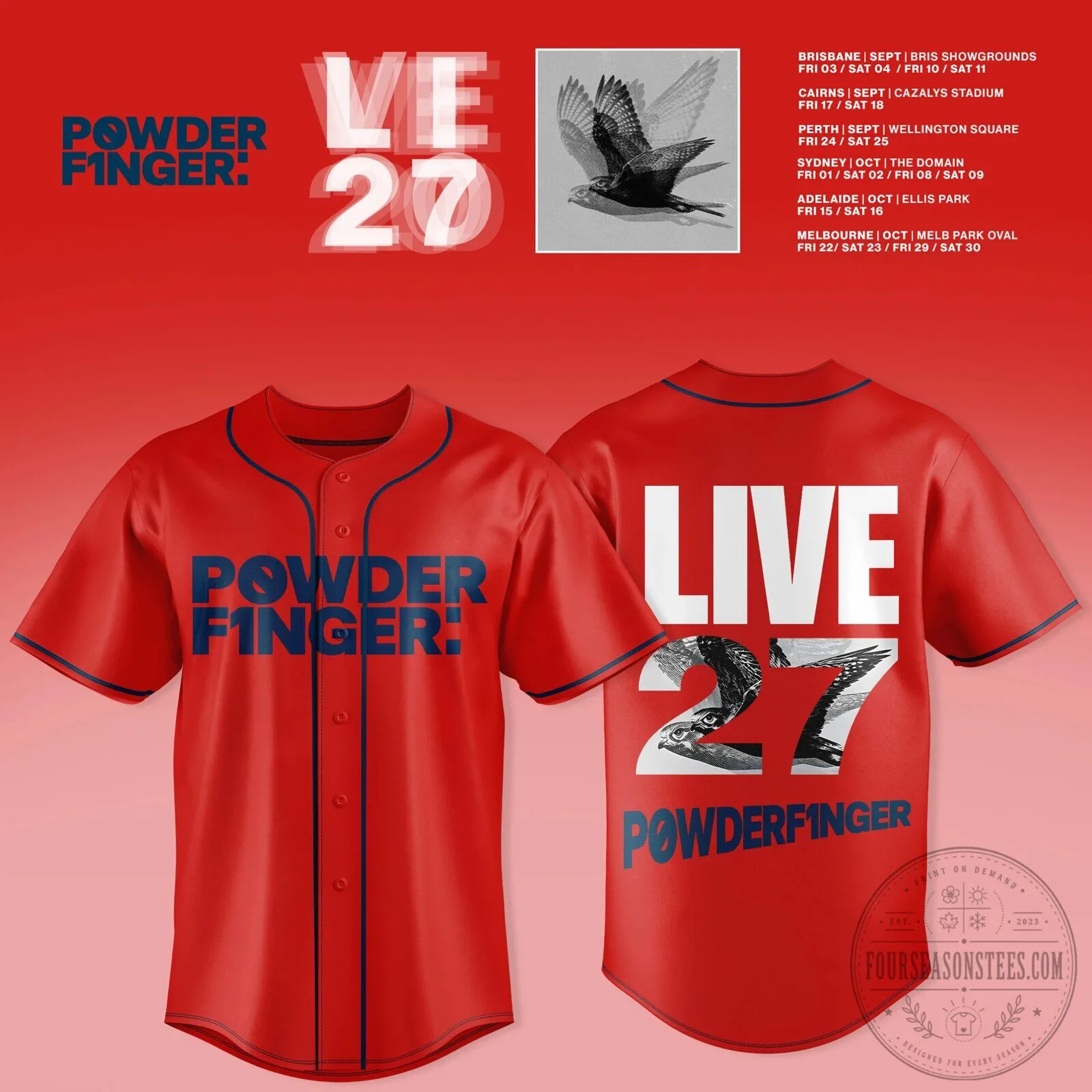 Powderfinger Live 2027 Australia Tour Red Baseball Jersey