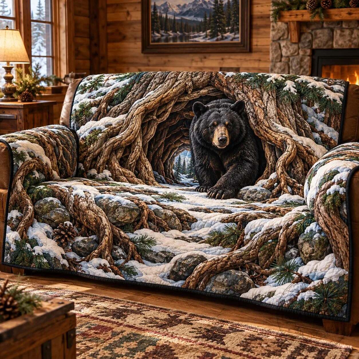 Black Bear in Snowy Forest Tree Roots Sofa Cover Quilted Throw Blanket