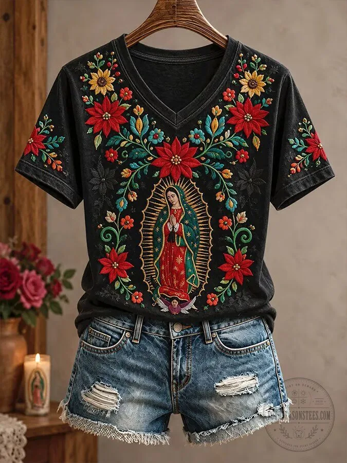 Our Lady of Guadalupe Floral Embroidered V-Neck Short Sleeve T-Shirt