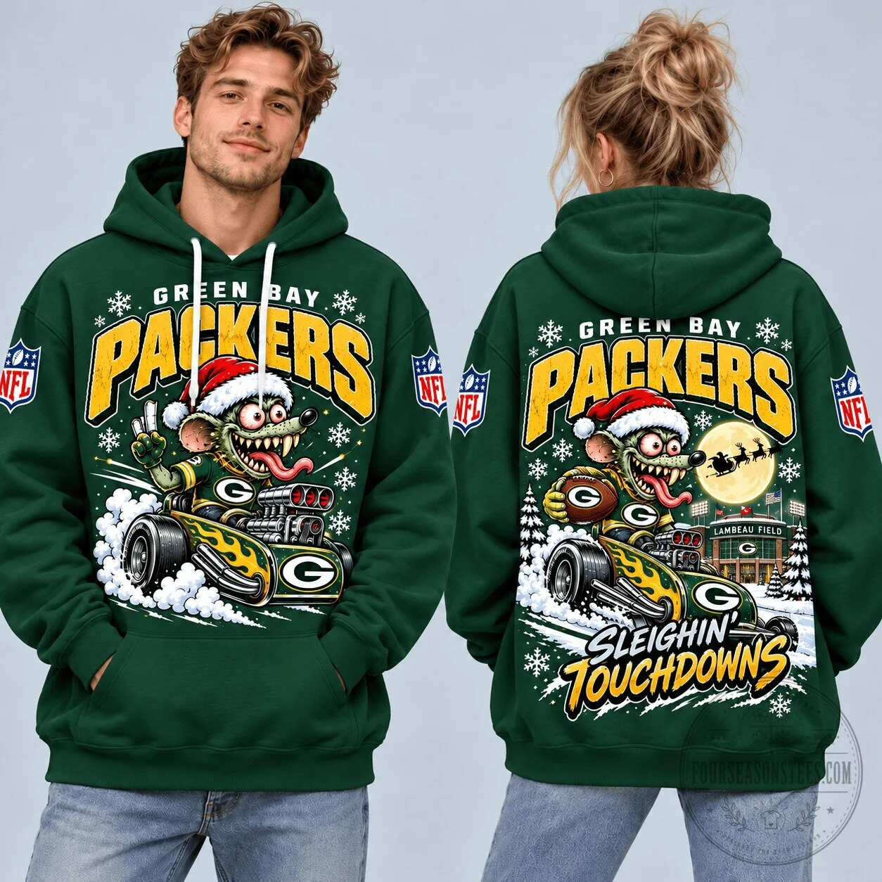 Green Bay Packers Christmas Rat Fink Sleighin Touchdowns Ugly Sweater Hoodie