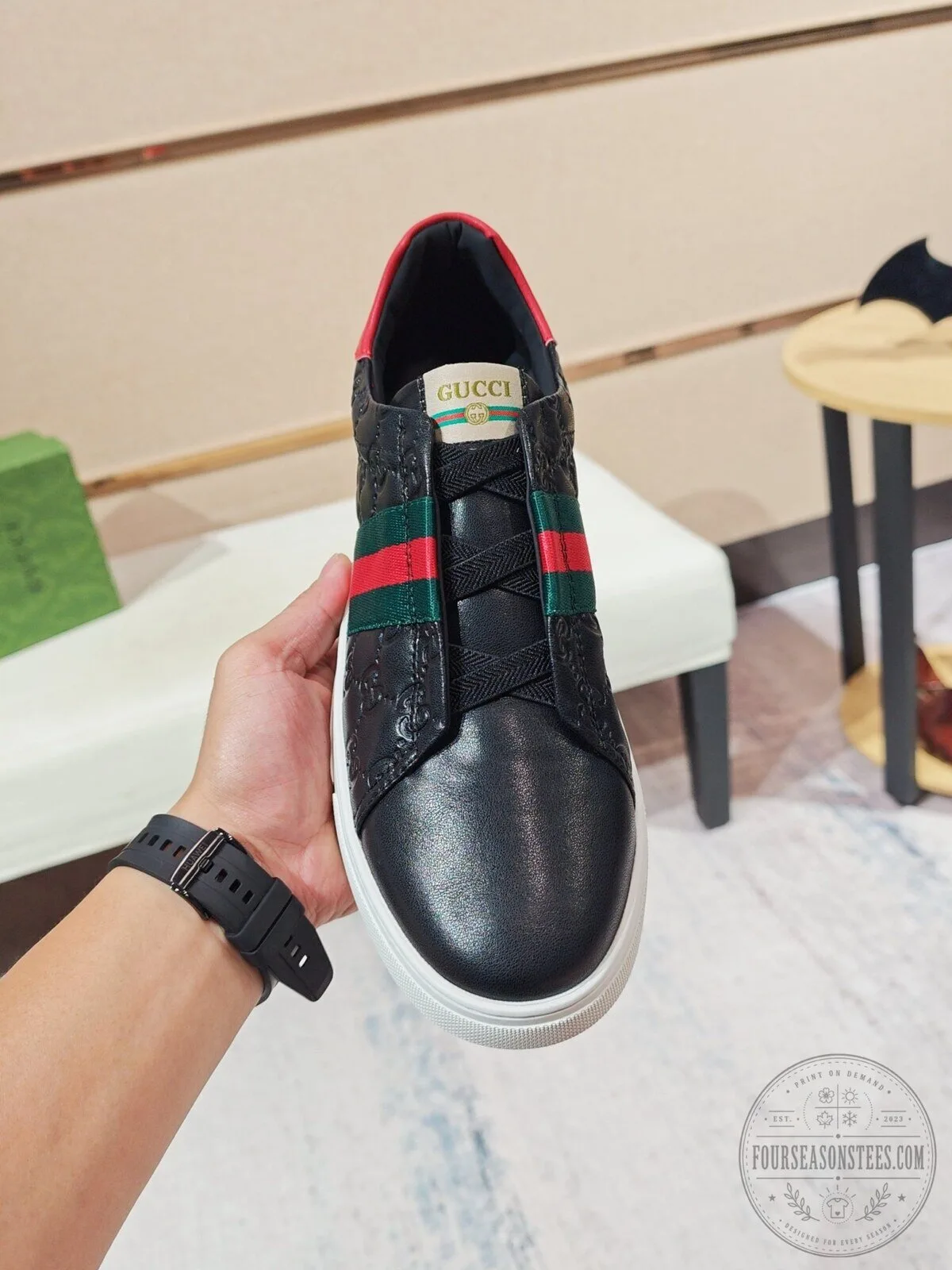 Gucci Black Leather Ace Sneakers with Red and Green Web Detail
