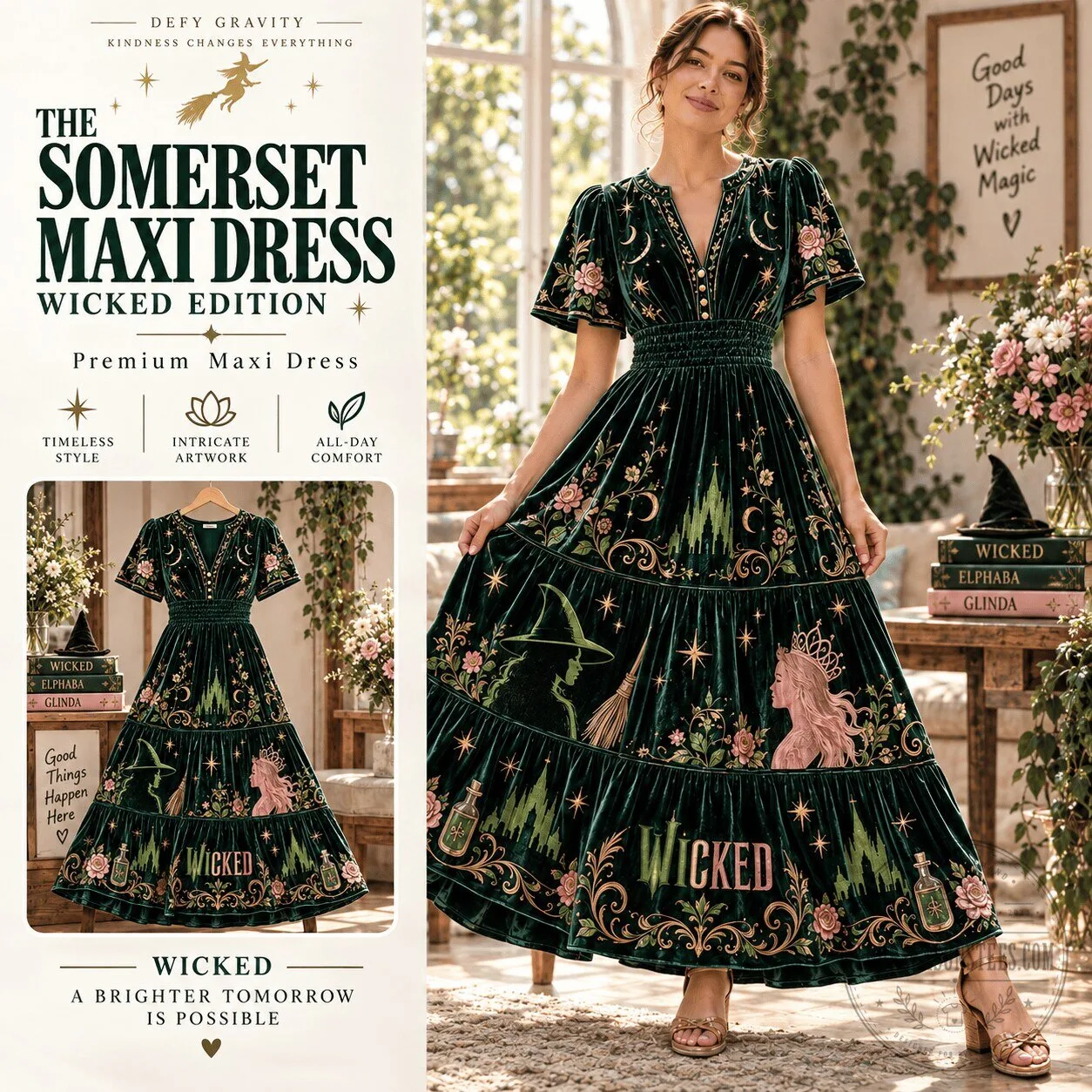 Wicked Musical Elphaba and Glinda Emerald Green Velvet Maxi Dress