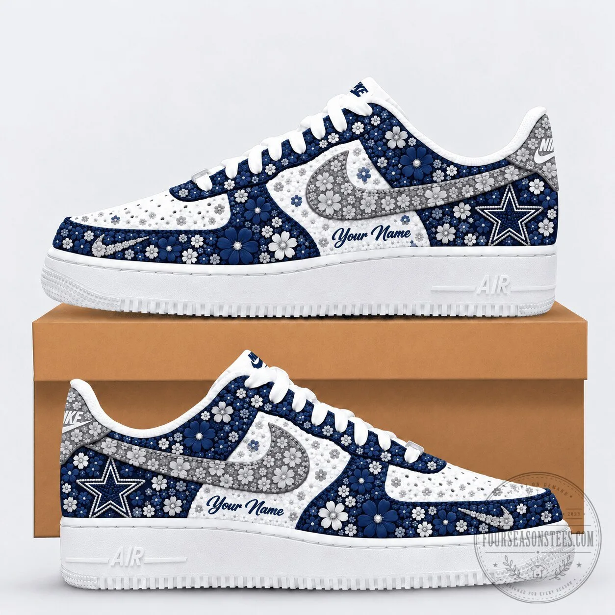 Dallas Cowboys Floral Pattern Custom Name White and Blue Sneakers Shoes