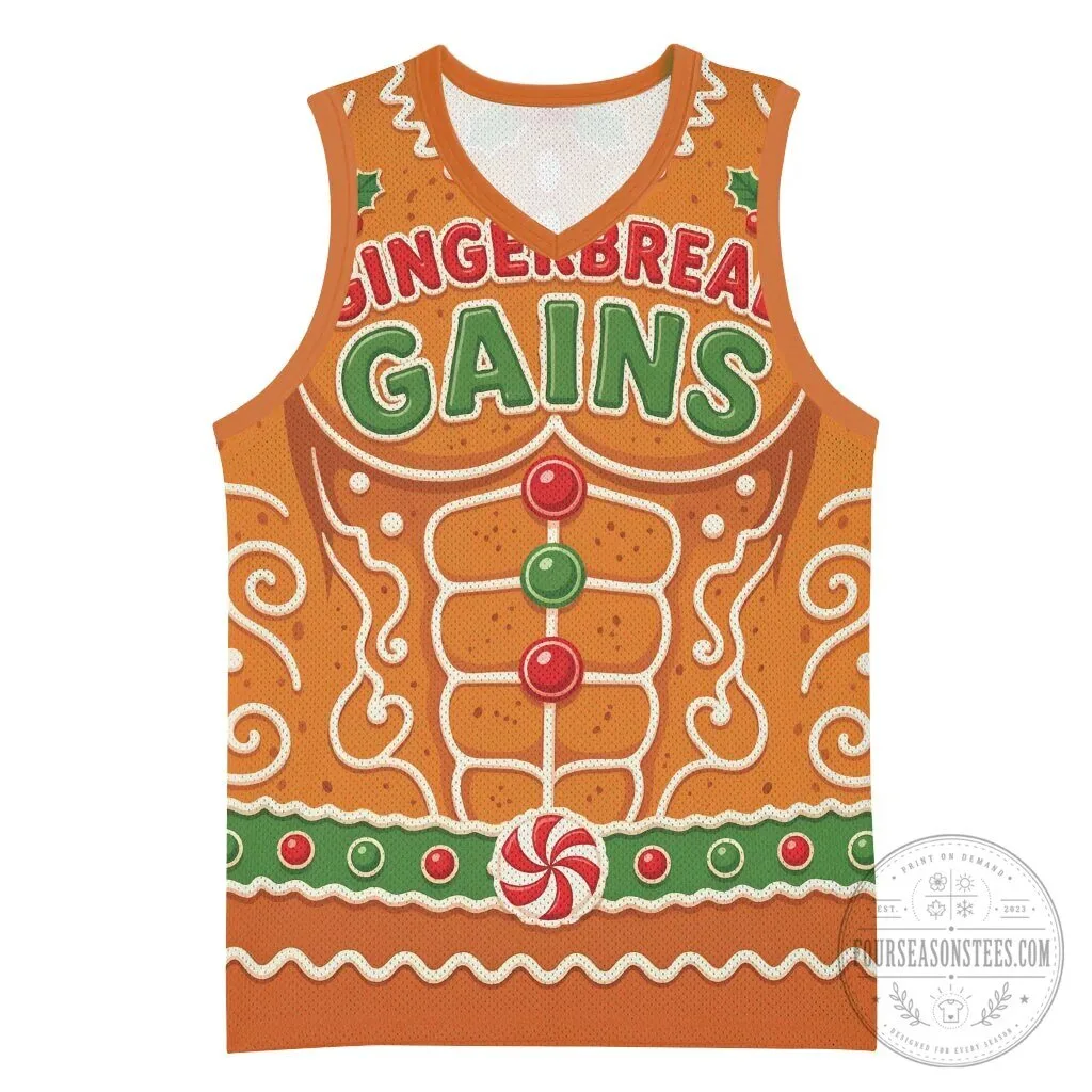 Gingerbread Gains Funny Christmas Bodybuilder Gingerbread Man Basketball Jersey