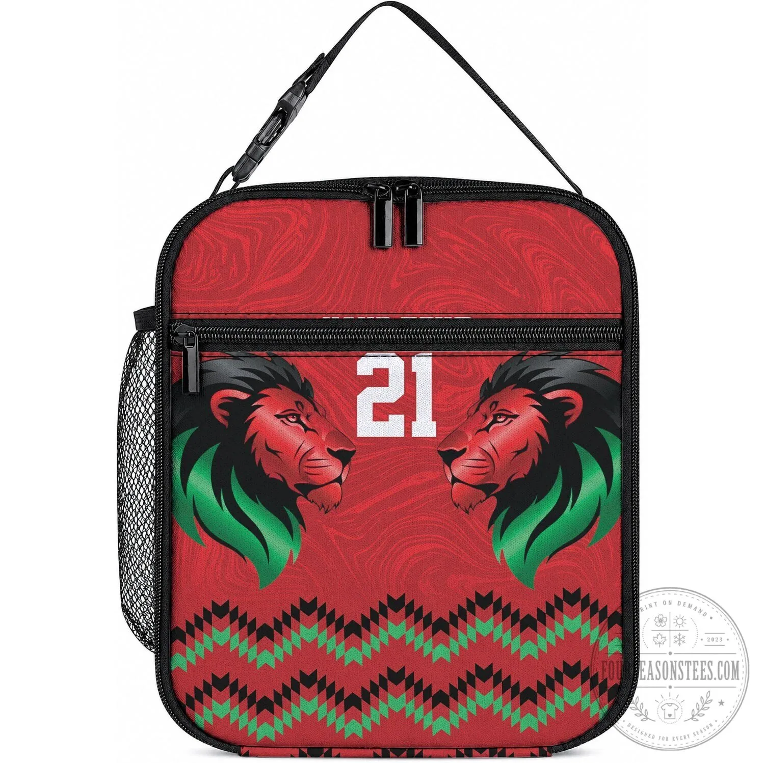 Red Lion Head Kenyan Pattern Insulated Lunch Bag