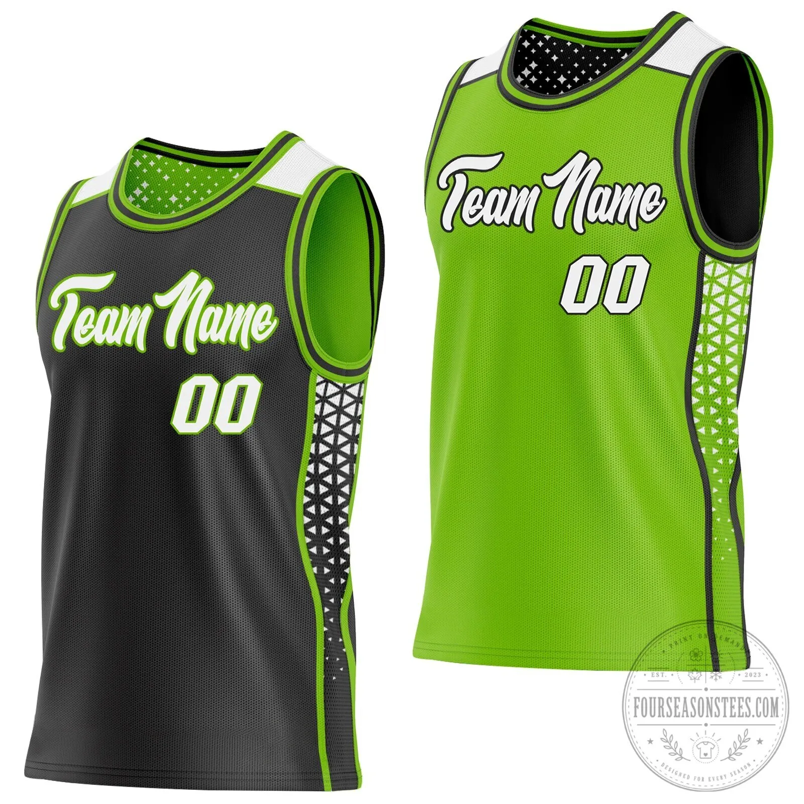 Custom Reversible Basketball Jersey with Neon Green and Black Geometric Design
