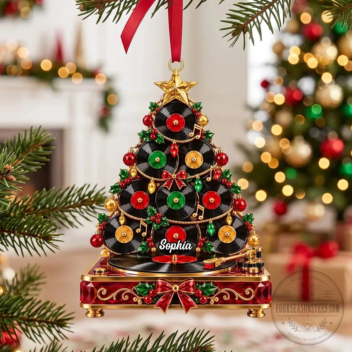 Personalized Christmas Tree Vinyl Record Player Holiday Ornament