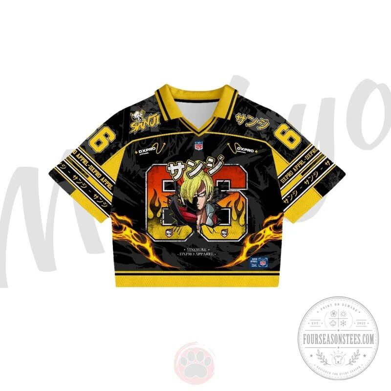One Piece Sanji Vinsmoke Black Yellow Flame Crop Top Football Jersey