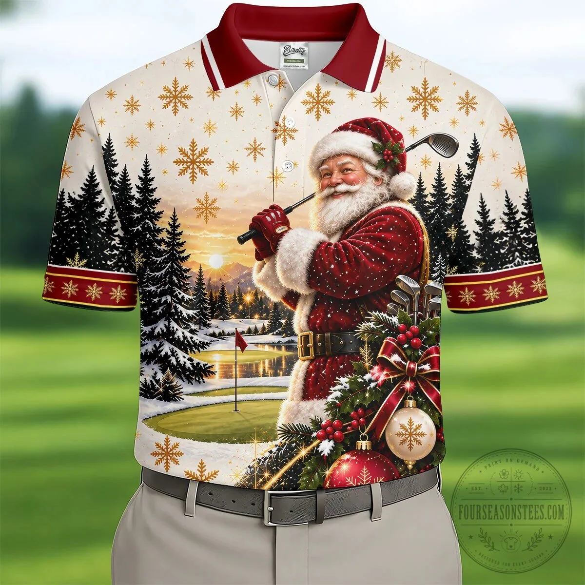 Vintage Santa Claus Christmas Golfing Landscape Polo Shirt