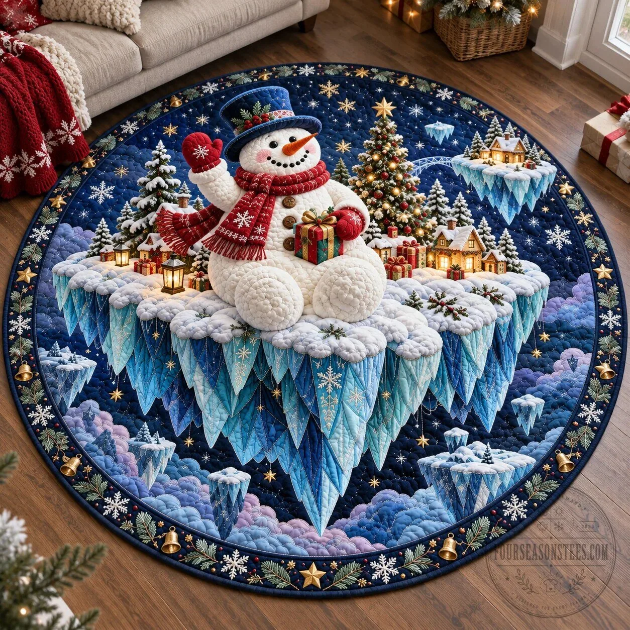 Snowman Floating Winter Wonderland Quilted Round Mat