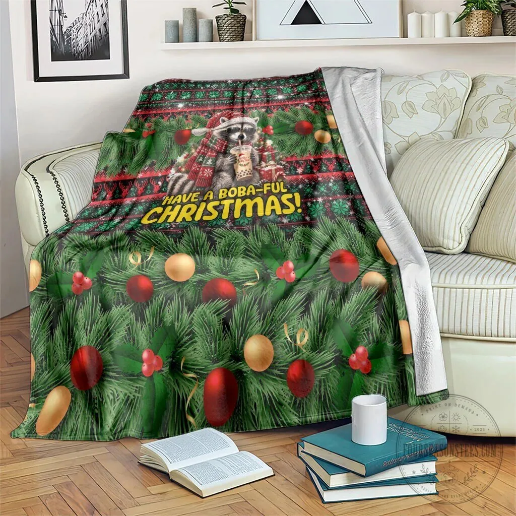 Funny Christmas Raccoon Drinking Boba Tea Holiday Fleece Blanket