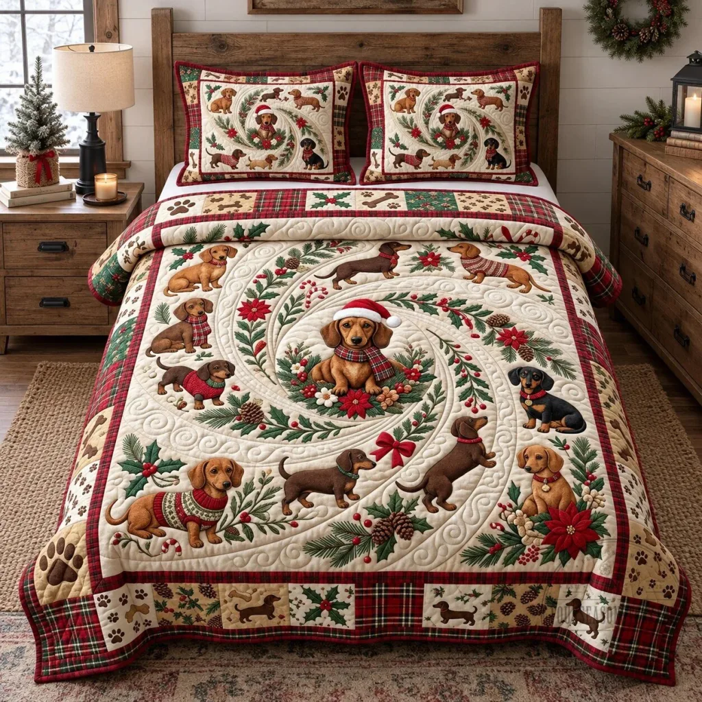 Christmas Dachshund Wreath Quilted Bedding Set with Pillow Shams Christmas Dachshund Wreath Quilted Bedding Set with Pillow Shams