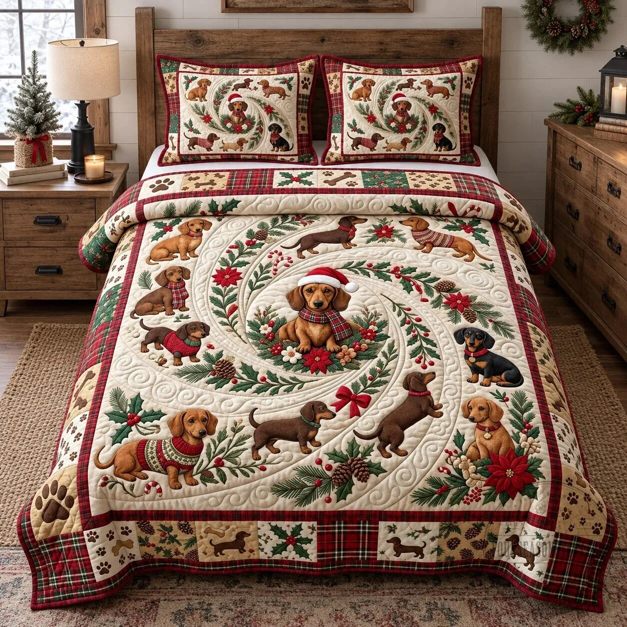 Christmas Dachshund Wreath Quilted Bedding Set with Pillow Shams