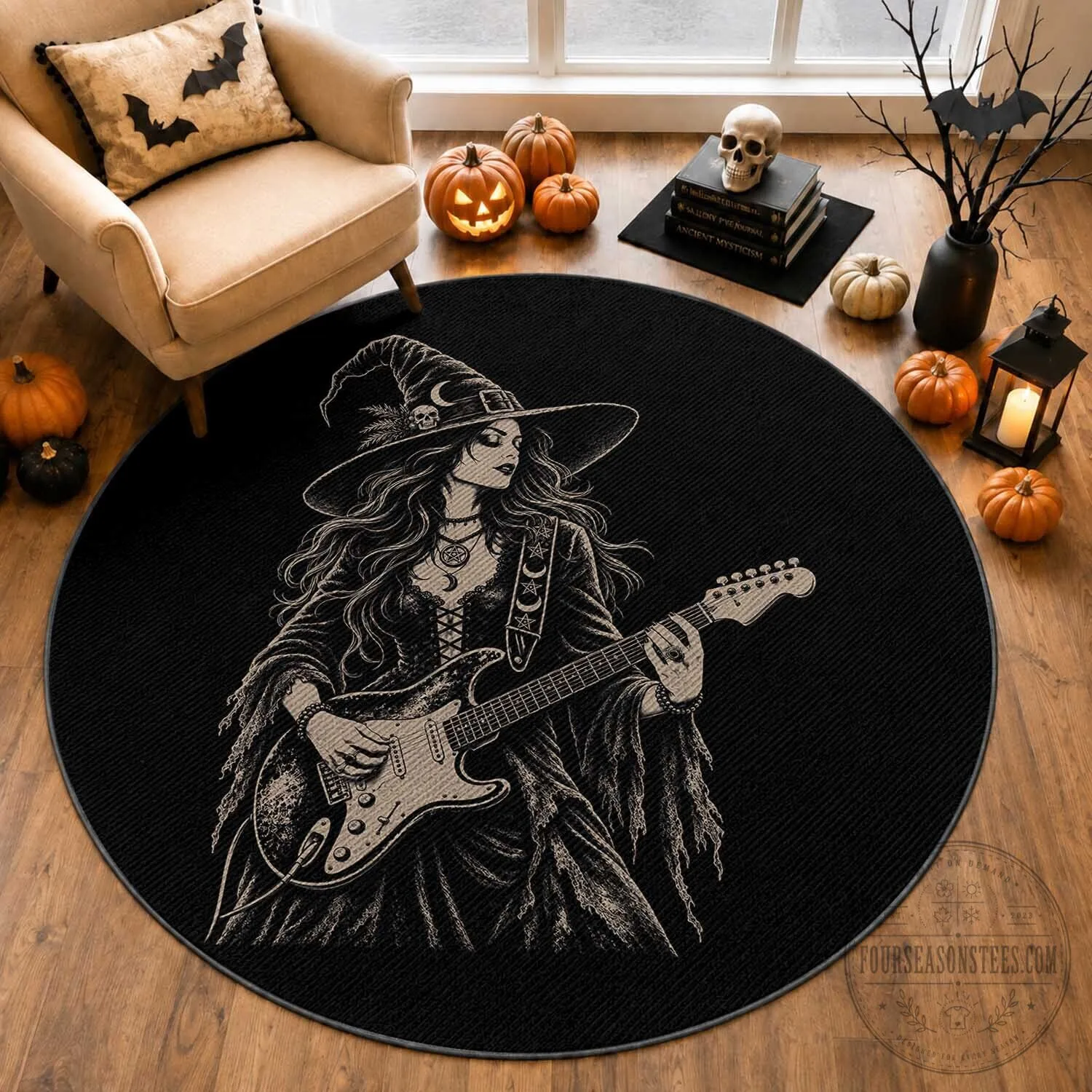 Rustic Bear Winter Cabin Quilted Bedding Set 4 Vintage Witch Playing Electric Guitar Halloween Round Rug for Horror Rock Music Lovers
