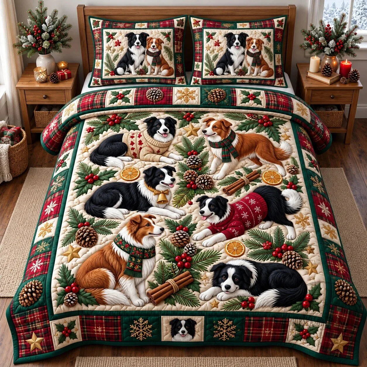 Border Collie Christmas Holiday Plaid Quilted Bedding Set