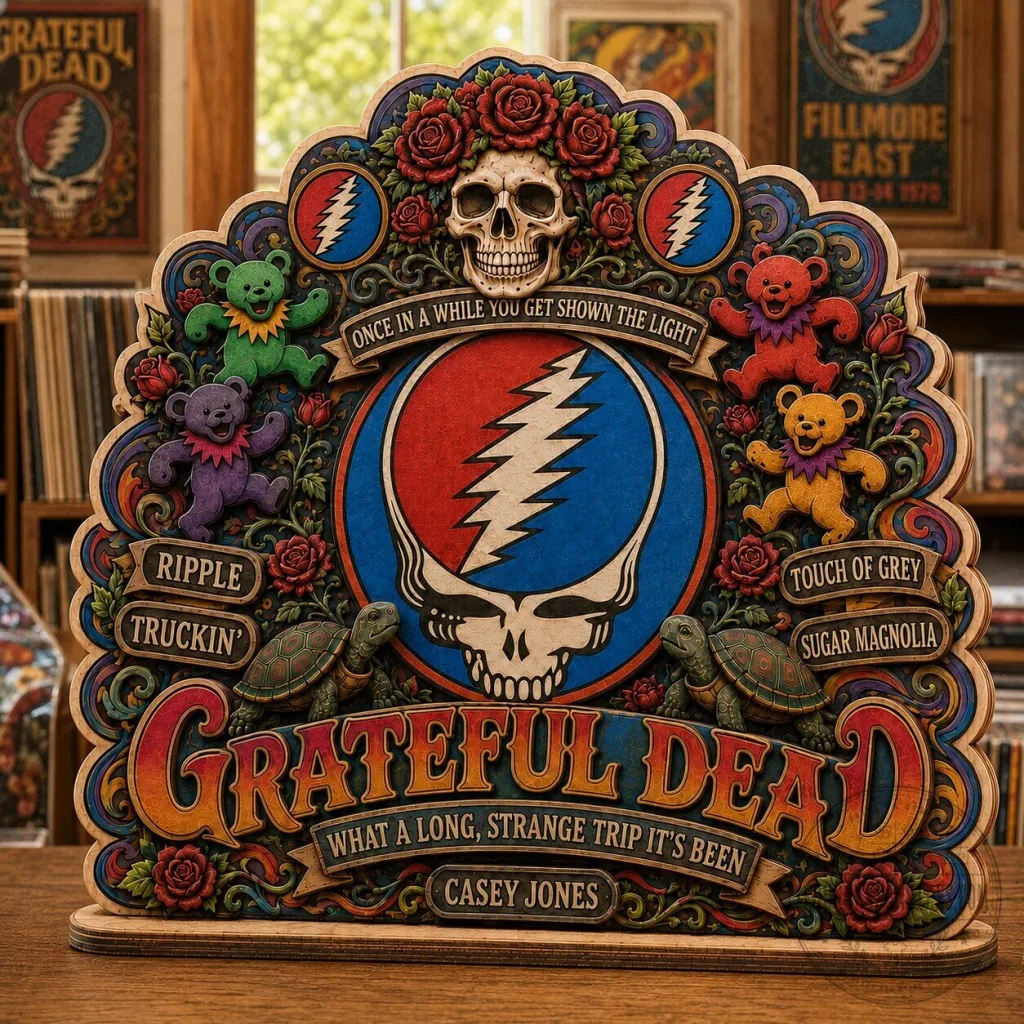 Grateful Dead Steal Your Face Skull and Dancing Bears Wooden Plaque Decor Grateful Dead Steal Your Face Skull and Dancing Bears Wooden Plaque Decor