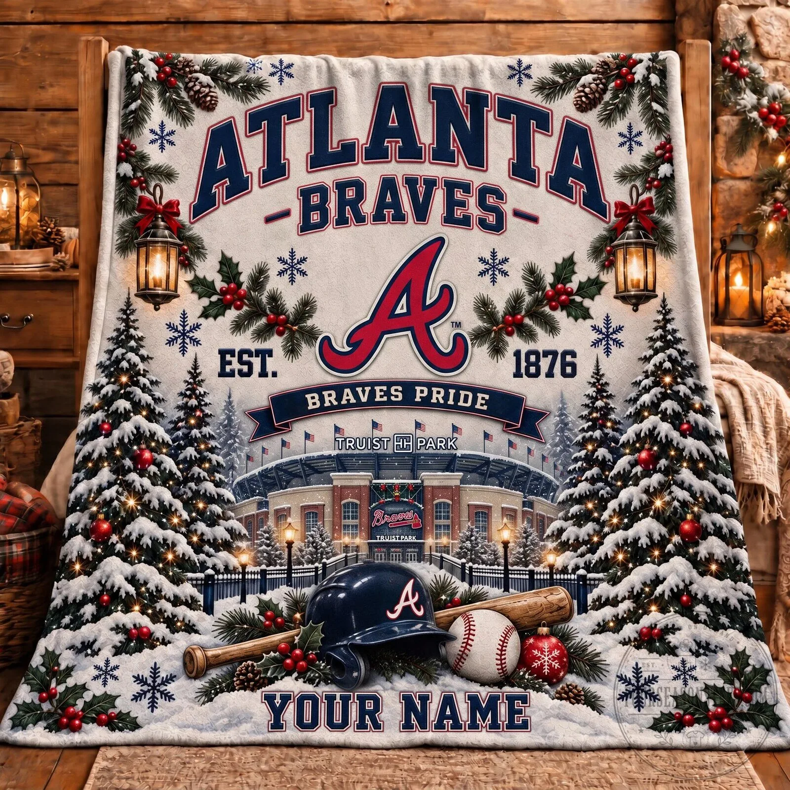Atlanta Braves Christmas Holiday Stadium Personalized Name Blanket
