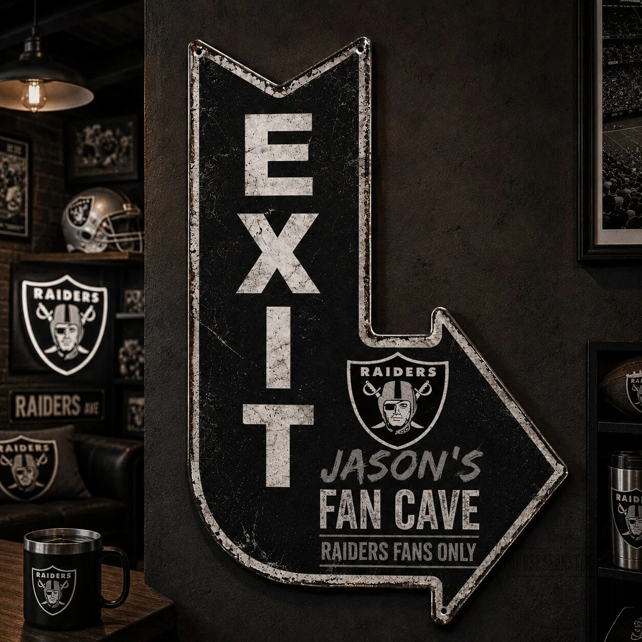 Las Vegas Raiders Personalized Exit Arrow Metal Sign for Fan Cave Decor 3 Las Vegas Raiders Personalized Exit Arrow Metal Sign for Fan Cave Decor