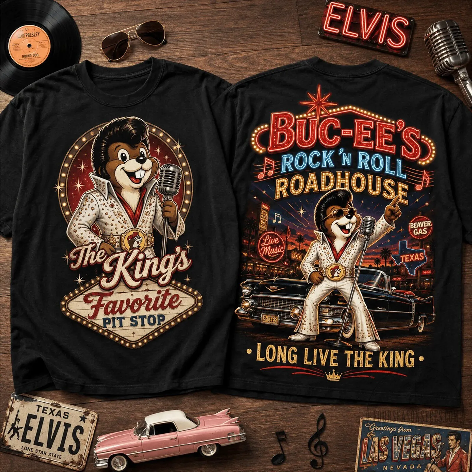 Buc-ee's Elvis Presley Rock and Roll Roadhouse The King's Favorite Pit Stop T-Shirt