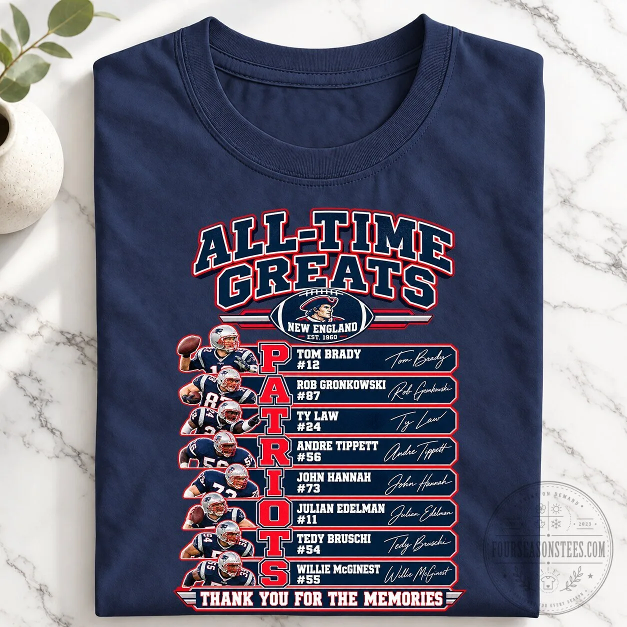 New England Patriots All-Time Greats Football Team Player Signatures T-Shirt