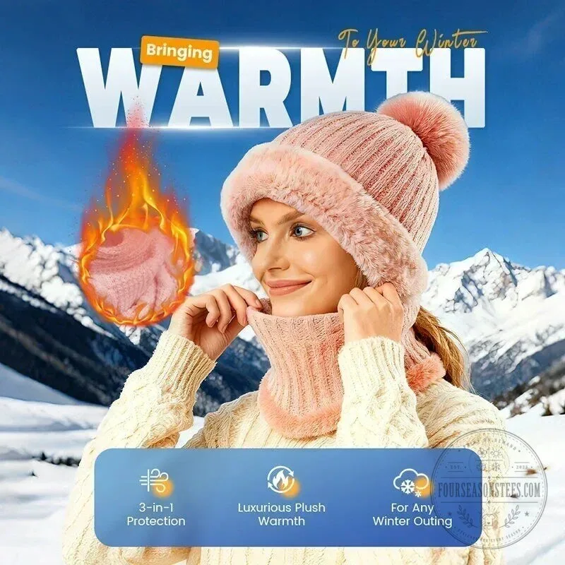 Women's Winter Knitted Beanie Hat and Scarf Set with Plush Lining