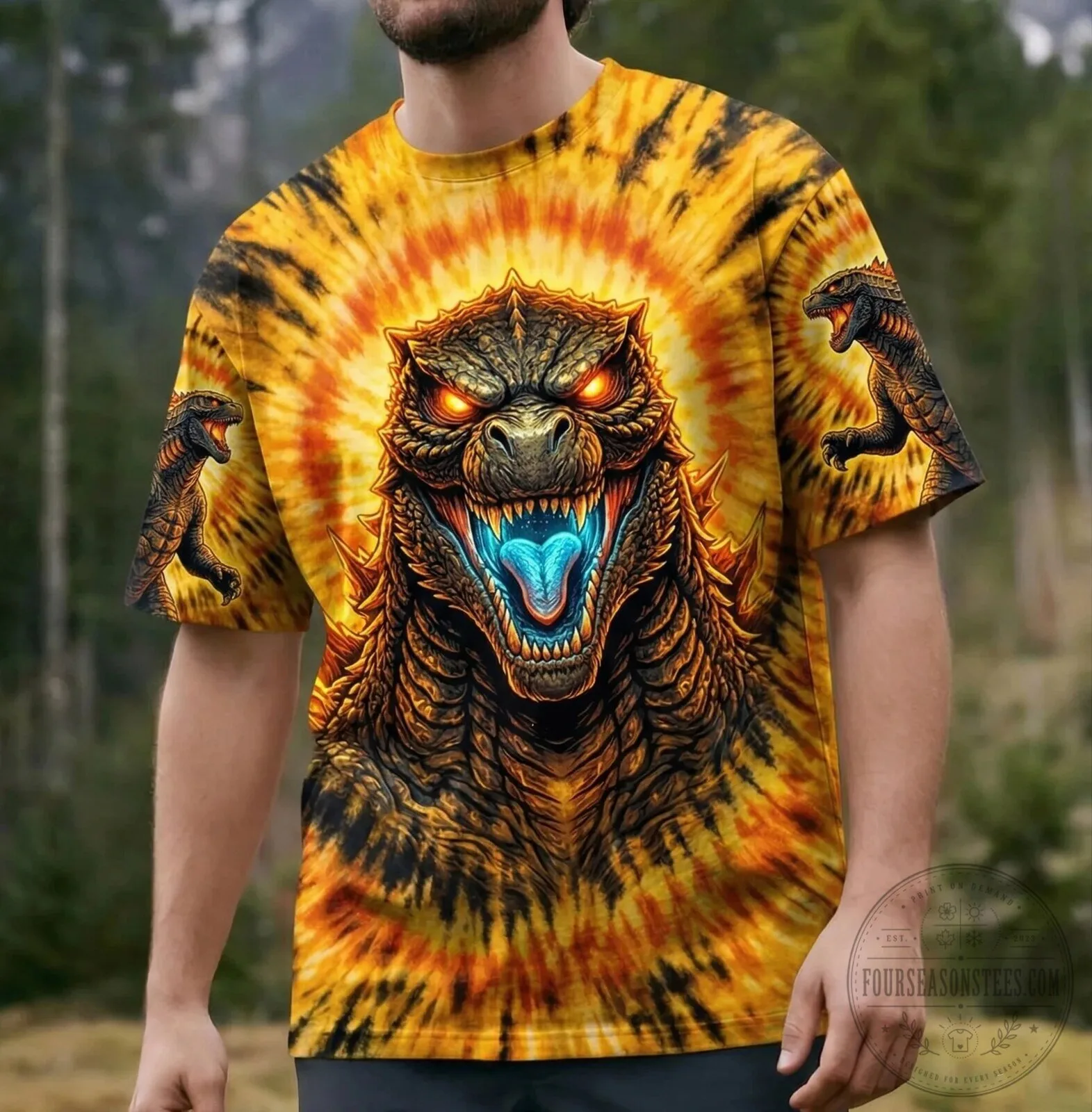 Godzilla Monster King Tie Dye Graphic Short Sleeve T-Shirt