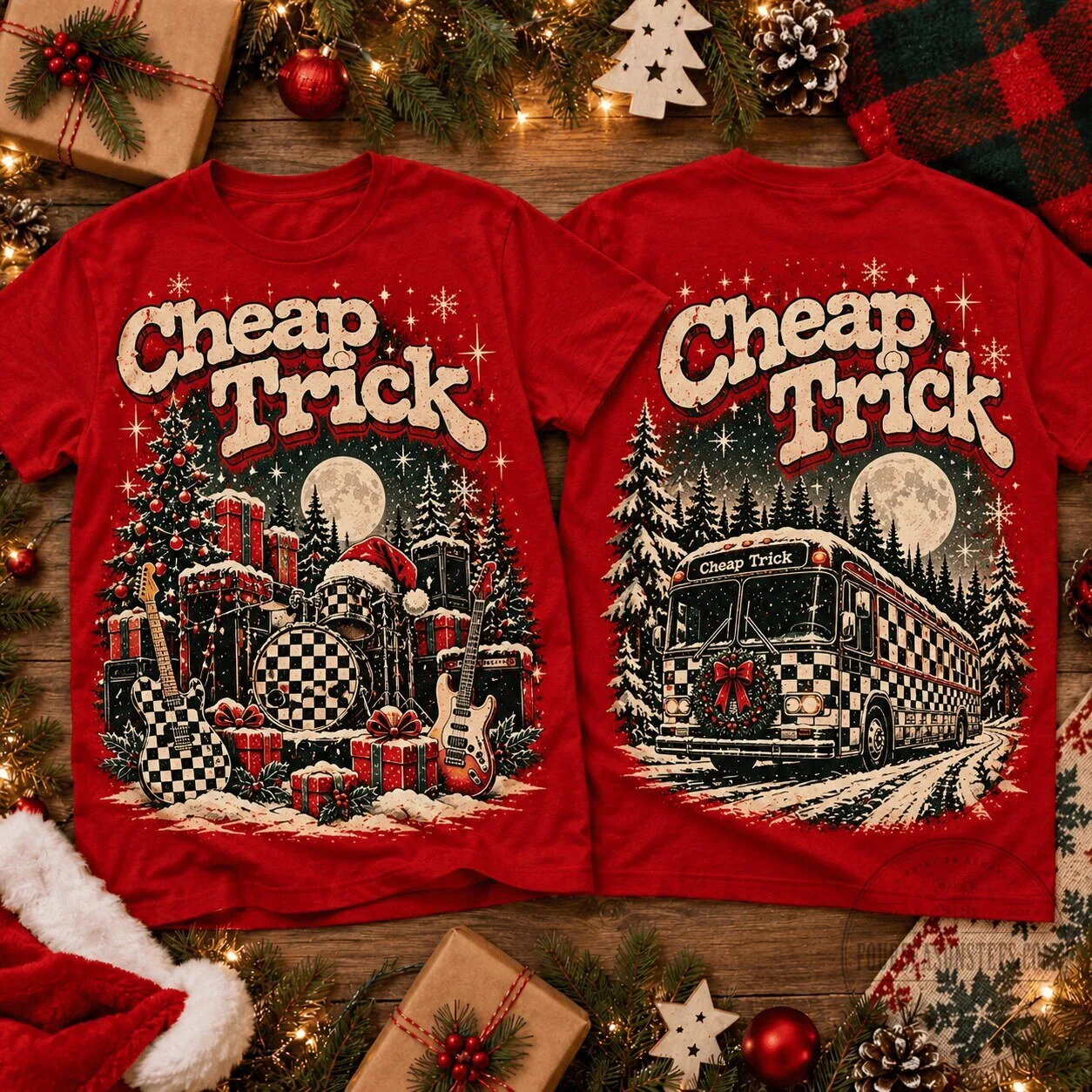 Cheap Trick Christmas Holiday Bus and Drum Set Winter Wonderland Red T-Shirt